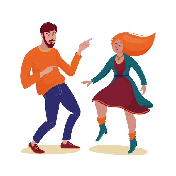 Funky man in sweater and woman in dress dancing — Stock Vector