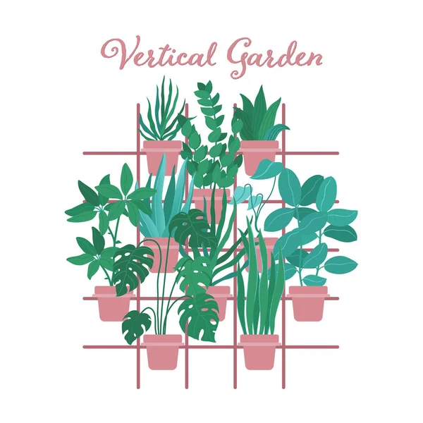 Вертикальный сад с растениями, висящими на решетке — стоковый вектор