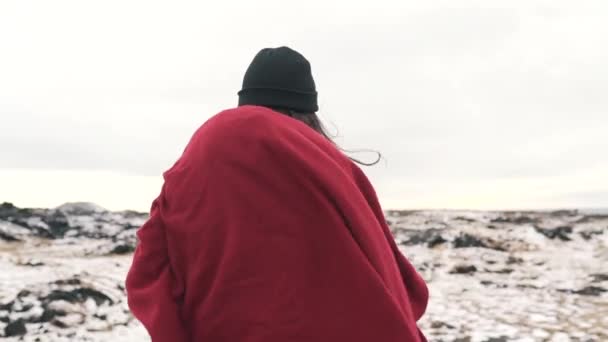 Meisje met geruite wandeling in IJsland — Stockvideo