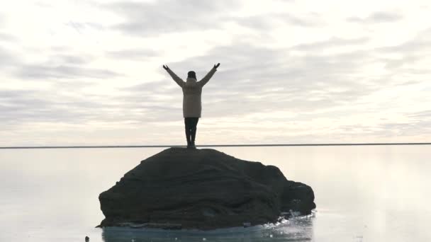 Inspirerad flicka stiger händer — Stockvideo