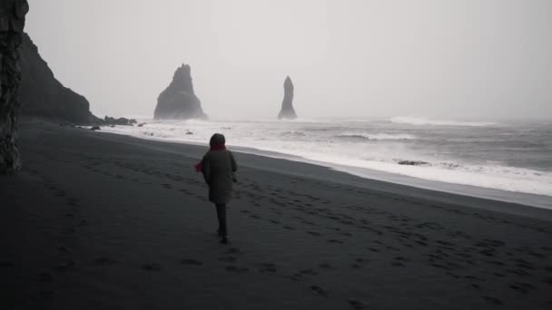 一个女孩在一个荒芜的海滩上漫步 — 图库视频影像