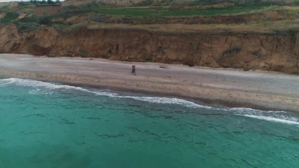 Luftaufnahme eines jungen Paares, das am Strand läuft — Stockvideo