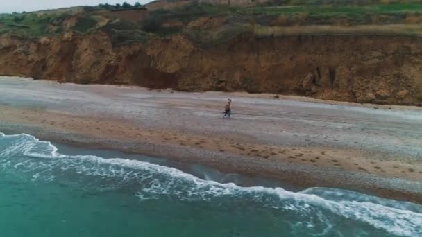 A légi felvétel a fiatal pár, tenger mellett — Stock videók