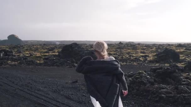 Jong meisje in de natuur van IJsland — Stockvideo