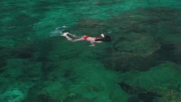 girl swims with a mask in ocean