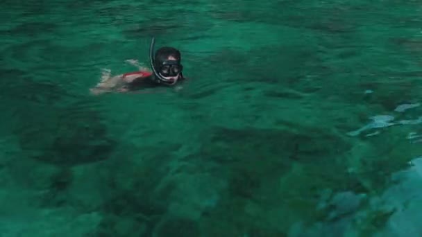 Kız berrak suda bir maske ile yüzer — Stok video