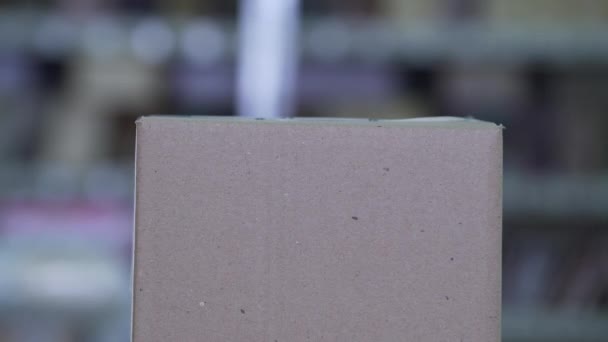 Logístico coloca um rótulo na embalagem — Vídeo de Stock