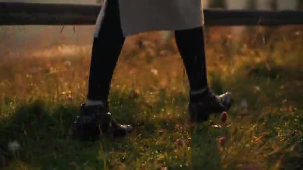 Fille marche sur l'herbe dans la lumière du soleil — Video