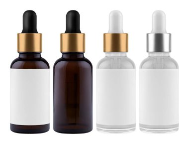 Boş etiketli dört cam damlatıcı şişesi düzgün düzenlenmiş.