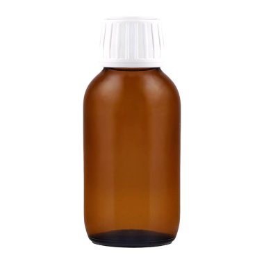 Beyaz kapaklı kahverengi cam şişe.