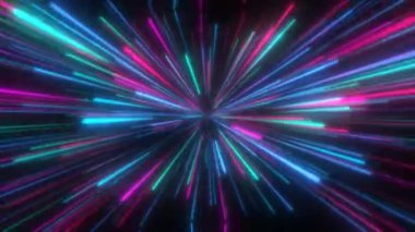 Çok renkli parlak parlak neon lazer ışınlarının soyut arkaplan çizgilerinden oluşan soyut bir tünel. Video 4k