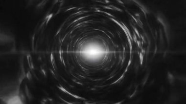 Merkezde parlak bir ışık ile tek renkli tünel efekti, gerçeküstü, bilim kurgu esinlenilmiş siyah beyaz arka planda dijital tasarım, yüksek kaliteli 4K video, hareket tasarımı