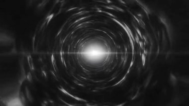 Merkezde parlak bir ışık ile tek renkli tünel efekti, gerçeküstü, bilim kurgu esinlenilmiş siyah beyaz arka planda dijital tasarım, yüksek kaliteli 4K video, hareket tasarımı