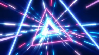 Soyut mavi ve mor enerji fütüristik yüksek teknoloji tünel uçan üçgenler ve çizgi neon sihirli arka plan, 4k video, 60 fps
