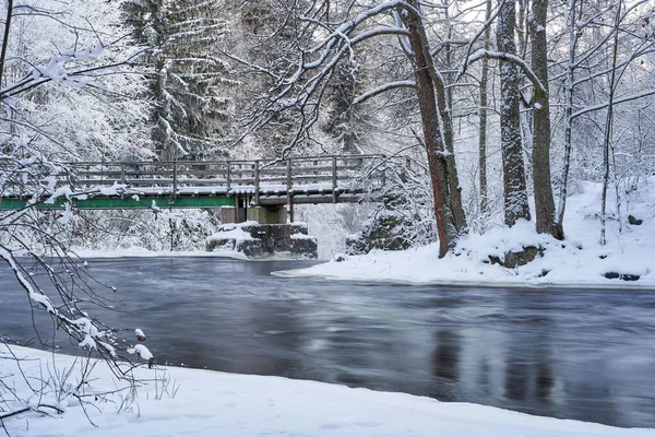 Karlı bir kış ormanında, Karanlık bir nehrin üzerindeki tahta köprü.