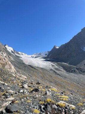 Görkemli buzulların, kayalık arazilerin ve açık mavi gökyüzünün yer aldığı geniş bir dağ manzarası..