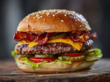 Peynirli, pastırmalı, marullu ve turşulu sulu hamburger.