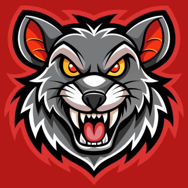 Keskin dişleri ve kırmızı arka planda yoğun gözleri olan kızgın kurt kafası çizimi