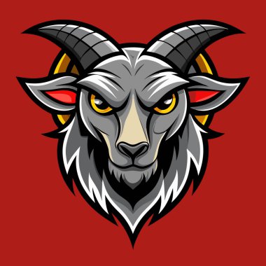 Parlayan kırmızı gözleri ve keskin gümüş boynuzları olan vahşi keçi maskotu canlı turuncu ve siyah çizgilerle çerçevelenmiş koyu kırmızı arka plana doğru dik dik bakar..