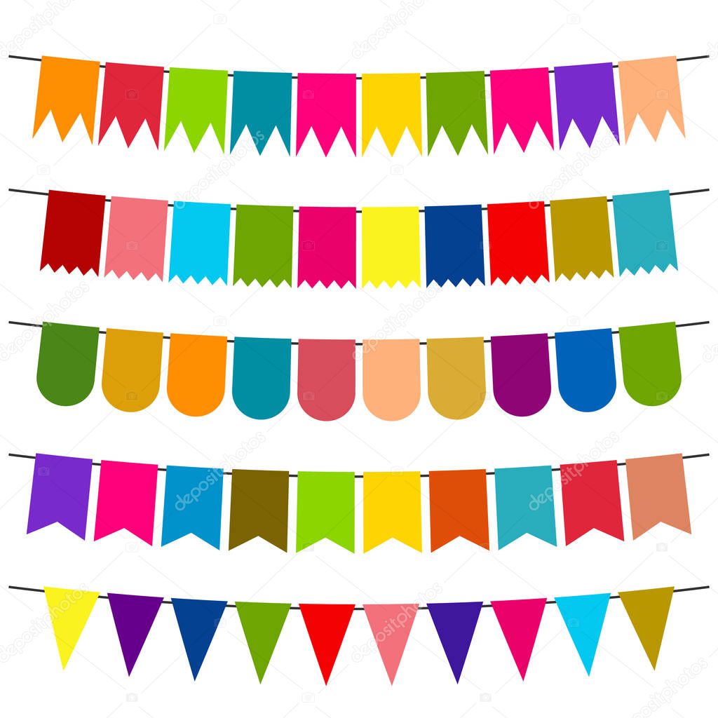 Colorful flags and bunting garlands for decoration. Decor elements with various patterns. Vector illustratio
