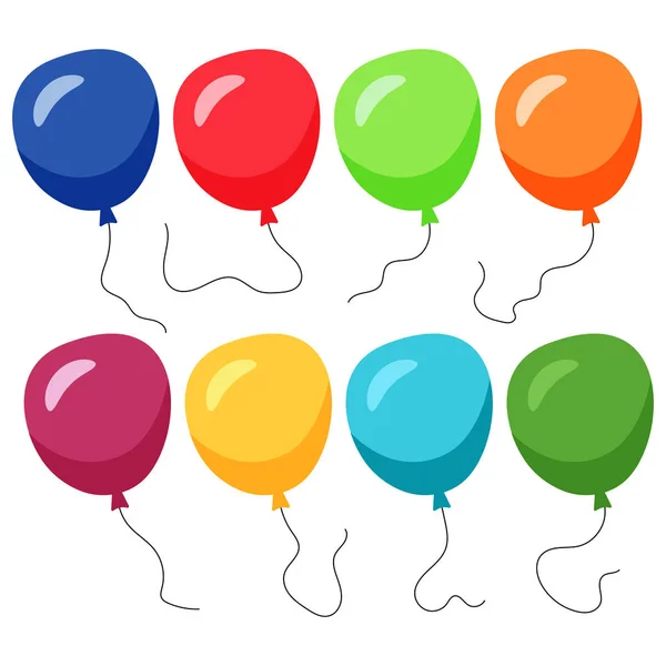 Ensemble Huit Ballons Colorés Avec Une Corde Isolée Sur Fond — Image vectorielle