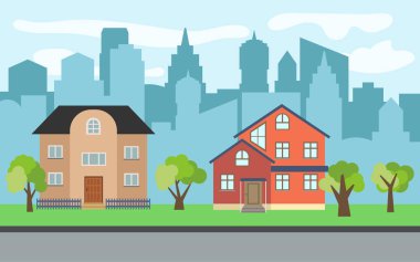 İki üç katlı karikatür ev ve yeşil ağaçların güneşli gün ile vektör şehir. Yaz kentsel peyzaj. Bir adam ile cityscape sokak görünümü