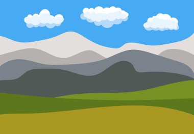 Doğal karikatür manzara mavi gökyüzü, bulutlar, tepeler ve dağlar ile düz tarzında. Vektör illustratio