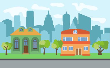 İki iki katlı karikatür ev ve yeşil ağaçların güneşli gün ile vektör şehir. Yaz kentsel peyzaj. Bir adam ile cityscape sokak görünümü