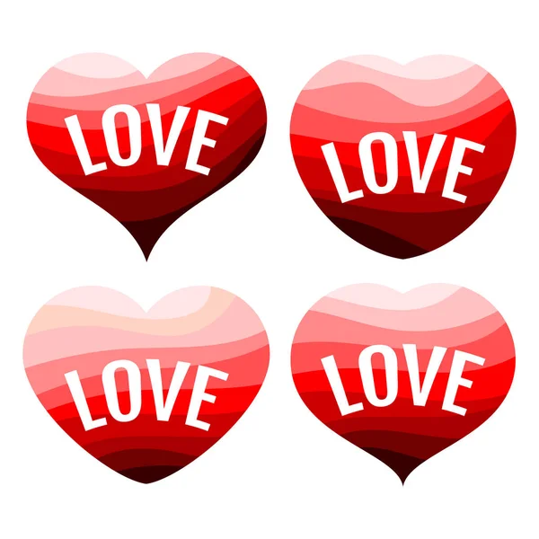 Set Four Red Hearts White Background Inscription Love Vector Illustration — Stock Vector