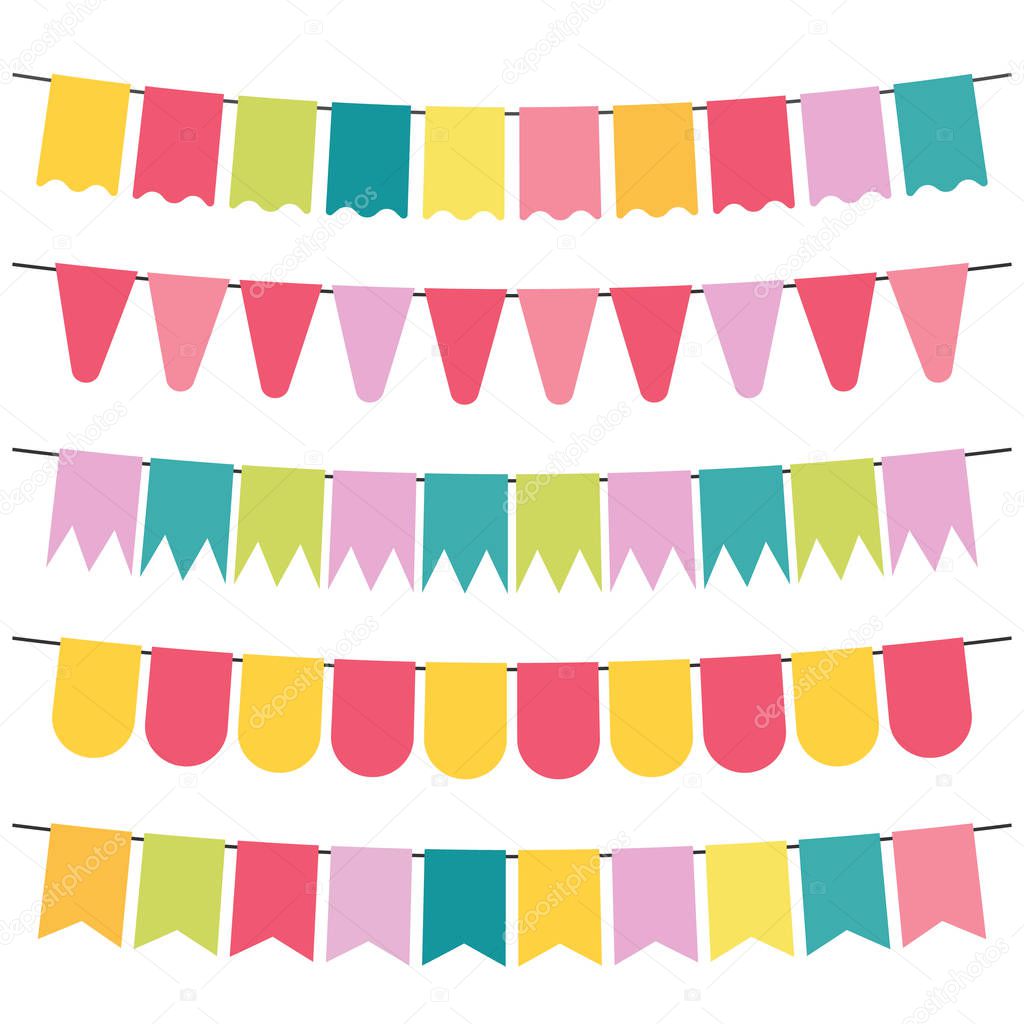 Colorful flags and bunting garlands for decoration. Decor elements with various patterns. Vector illustratio