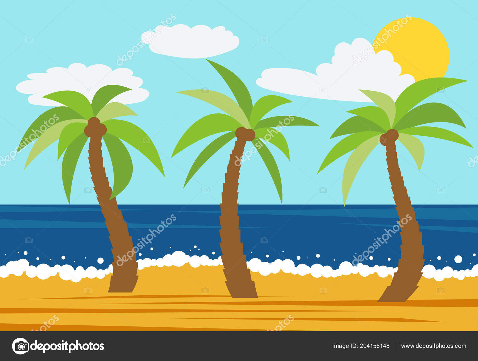 Dessin Animé Paysage Naturel Avec Trois Palmes Dans Plage