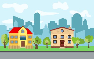 İki iki katlı karikatür ev ve yeşil ağaçların güneşli gün ile vektör şehir. Yaz kentsel peyzaj. Bir adam ile cityscape sokak görünümü