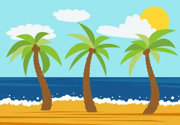 动画片自然风景与三棕榈在夏天海滩 矢量插图 — 图库矢量图片