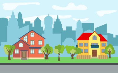 İki katlı ve üç katlı karikatür ve yeşil ağaçların güneşli gün ile vektör şehir. Yaz kentsel peyzaj. Bir adam ile cityscape sokak görünümü