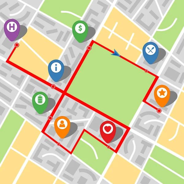 Stadtplan Einer Imaginären Stadt Mit Fluss Und Multi Stop Route — Stockvektor