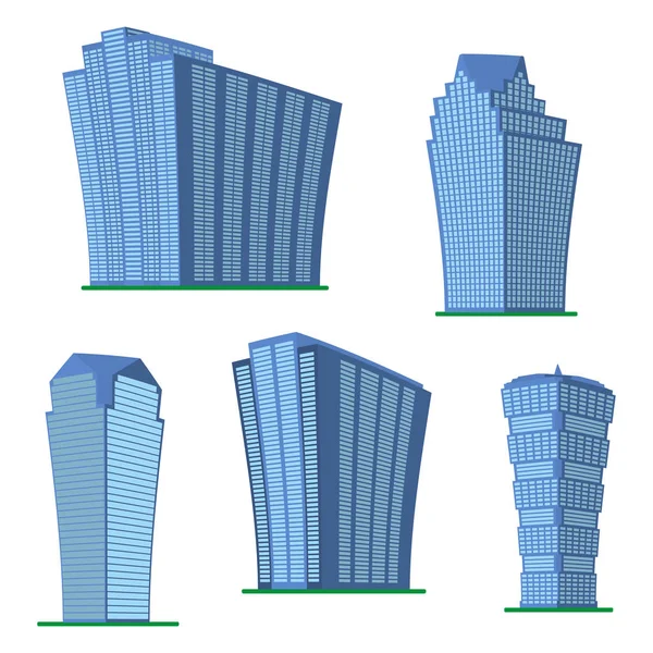 五现代高层建筑在白色背景上的一套 大厦从底部的视图 等轴矢量图 — 图库矢量图片