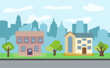 İki iki katlı karikatür ev ve yeşil ağaçların güneşli gün ile vektör şehir. Yaz kentsel peyzaj. Bir adam ile cityscape sokak görünümü