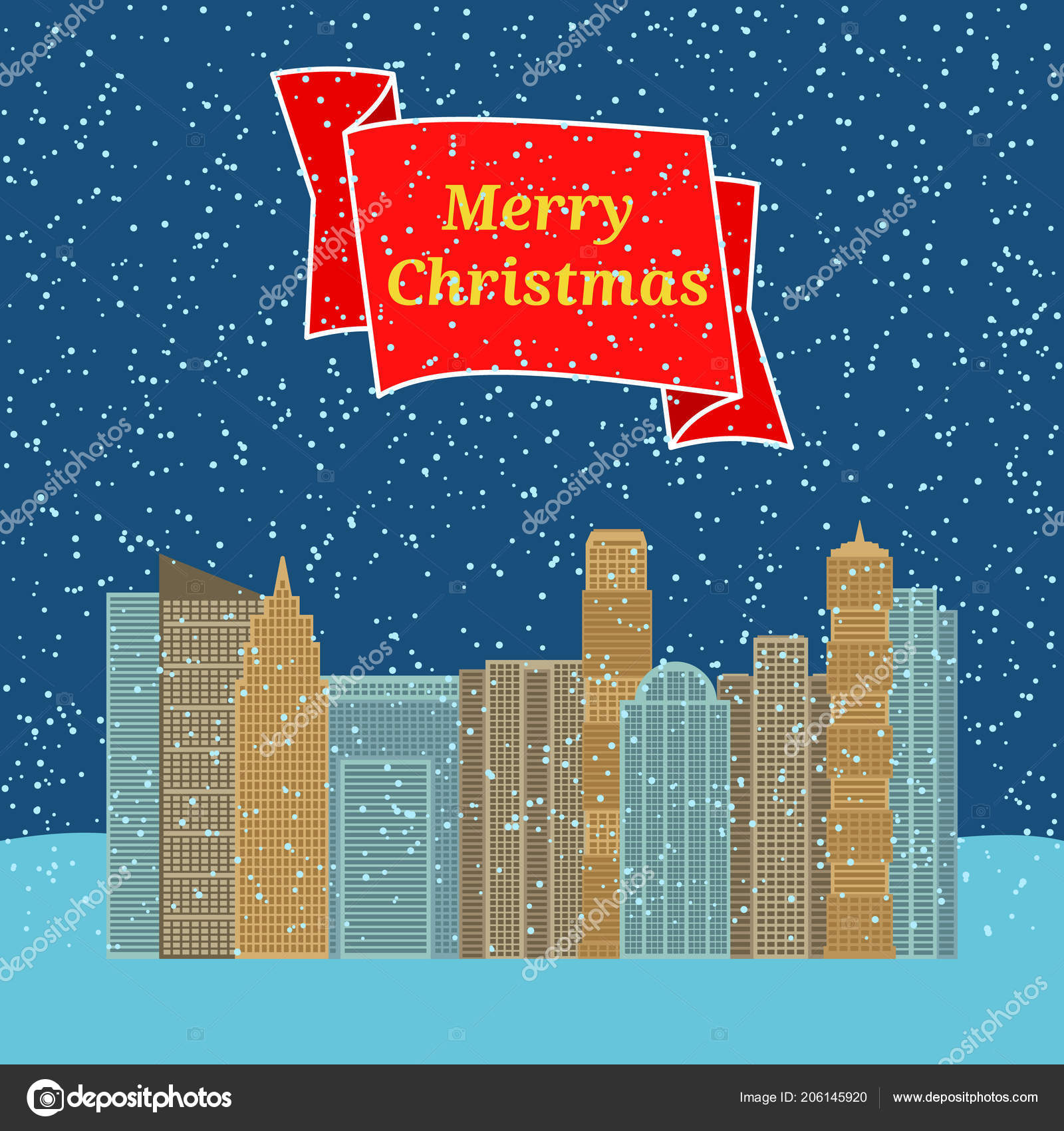 Night city with falling snow and a red ribbon with the inscription Happy Christmas Vector illustration — Wektor od DniproDD