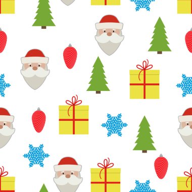 Kar tanesi, hediye kutusu, Noel top, Noel Baba ve Noel ağacı beyaz arka plan üzerinde Noel seamless modeli. Vektör illustratio