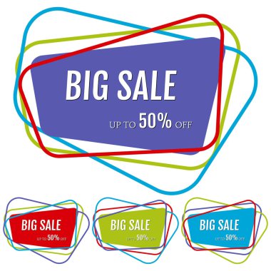 Dört büyük satış çıkartmaları ile soyut renkli kaotik çizgileri kümesi. Vektör illustratio