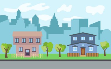 İki iki katlı karikatür ev ve yeşil ağaçların güneşli gün ile vektör şehir. Yaz kentsel peyzaj. Bir adam ile cityscape sokak görünümü