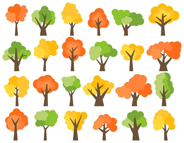 Ensemble de vingt-quatre arbres verts, jaunes et rouges — Image vectorielle
