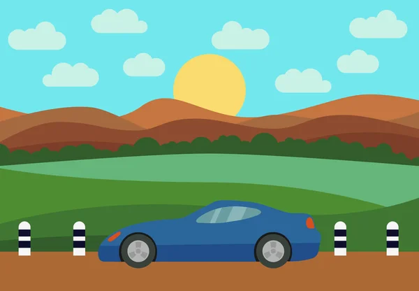 Voiture bleue sur la route dans le contexte des collines et du soleil levant — Image vectorielle