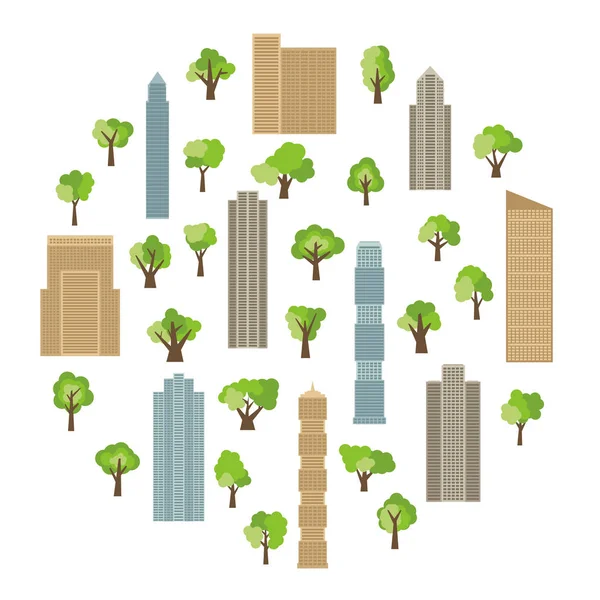 Edifícios modernos e arranha-céus com árvores verdes em círculo — Vetor de Stock