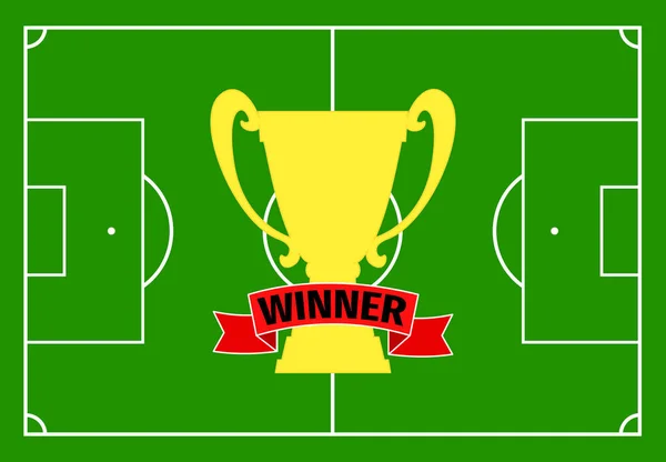 Ποδοσφαιρικό γήπεδο με γκαζόν και με ένα χρυσό κύπελλο με μια κόκκινη κορδέλα — Διανυσματικό Αρχείο