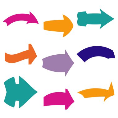 Dokuz tane çok renkli çeşitli okları ayarlayın. Vektör illustratio