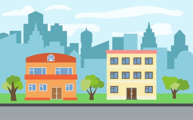 İki katlı ve üç katlı karikatür ve yeşil ağaçların güneşli gün ile vektör şehir. Yaz kentsel peyzaj. Bir adam ile cityscape sokak görünümü