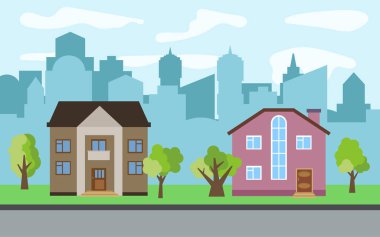 İki iki katlı karikatür ev ve yeşil ağaçların güneşli gün ile vektör şehir. Yaz kentsel peyzaj. Bir adam ile cityscape sokak görünümü