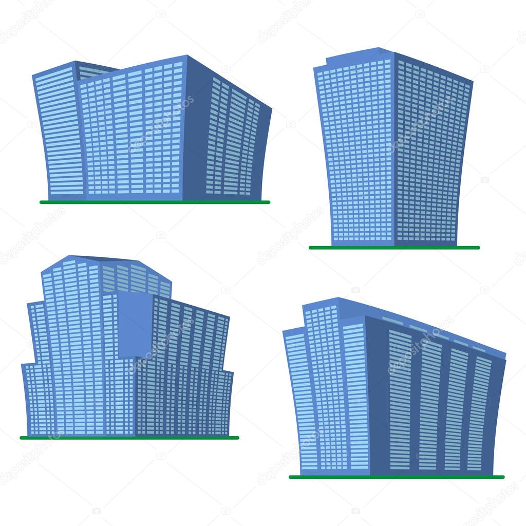 Set of four modern high-rise building on a white background. View of the building from the bottom. Isometric vector illustration