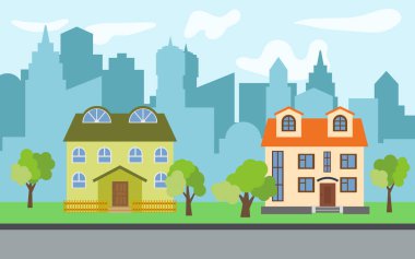 İki iki katlı karikatür ev ve yeşil ağaçların güneşli gün ile vektör şehir. Yaz kentsel peyzaj. Bir adam ile cityscape sokak görünümü